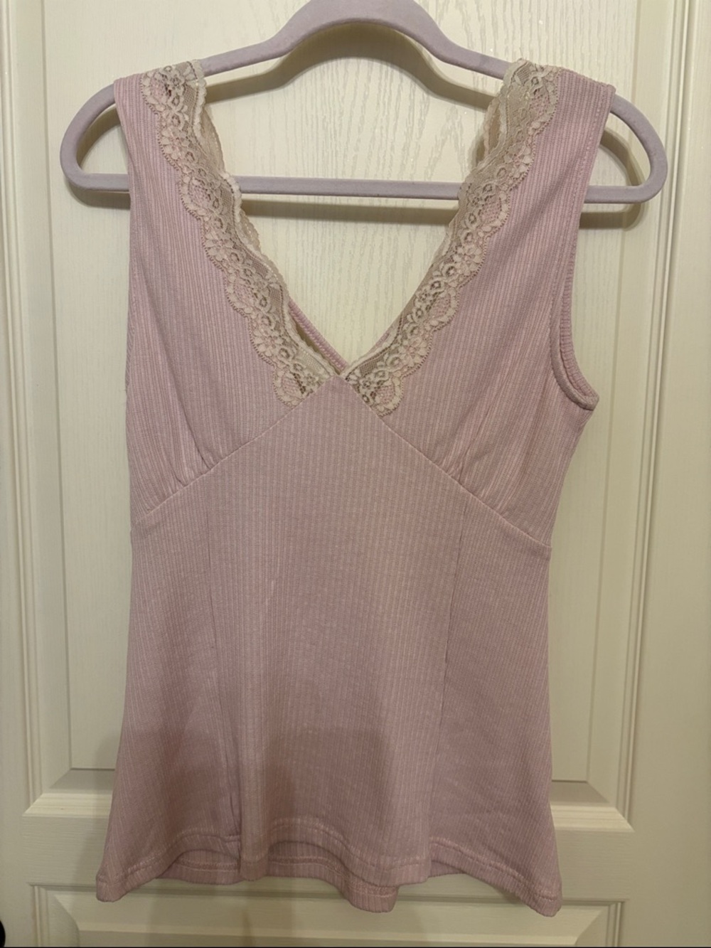 POL Lace-Trim Ribbed V-Neck Sleep Tank in Light Pink
